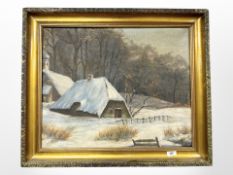 Continental School : A thatched barn in snow, oil on canvas,