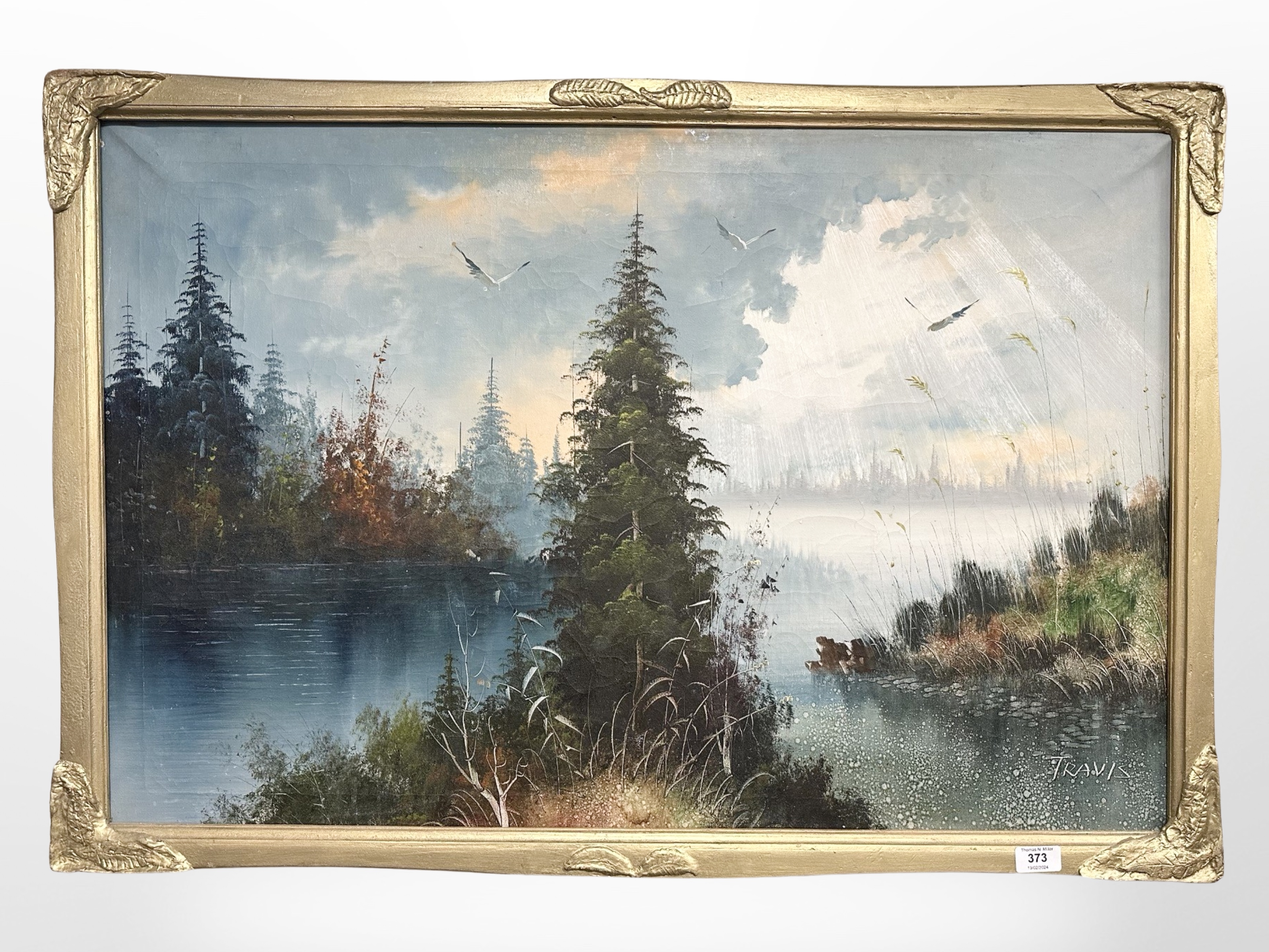 Travis : Sunlight through clouds over a lake, oil on canvas,