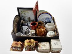 A box containing cottage ware china, oriental ginger jar, other ceramics, Danish desk flagpole, etc.