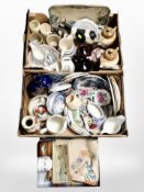 Three boxes of 19th and 20th century ceramics, blue and white meat plate, various vases,