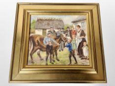 20th Century Danish School : Villagers with cow, oil on canvas, 19cm x 17cm, indistinctly signed.