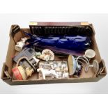 A box of collectables including abacus, Japanese Satsuma vase, horse brasses, art glass vase,