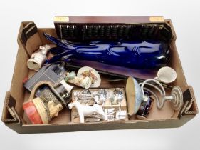A box of collectables including abacus, Japanese Satsuma vase, horse brasses, art glass vase,