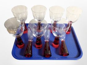 A set of 10 contemporary two-tone glass goblets.