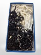 A tray of faux and cultured pearls, quantity of mourning jewellery including French jet, etc.