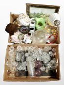 Two boxes of 20th century crystal drinking glasses, ceramics, lamp base, Maling lustre jug,