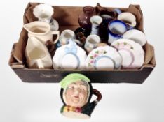 A box of 20th century ceramics including character jugs, vases, lustre ware, etc.