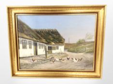 S Johansen : Poultry outside a thatched farmhouse, oil on canvas, 33cm x 24cm.