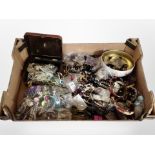 A box containing Japanese lacquered jewellery box, costume jewellery, bangles, bead necklaces,