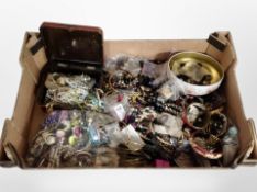 A box containing Japanese lacquered jewellery box, costume jewellery, bangles, bead necklaces,