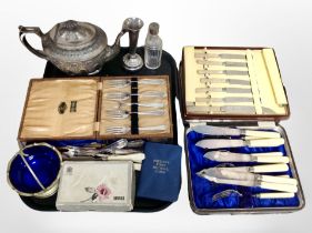 A group of boxed and unboxed cutlery, a silver-plated vase, 19th century teapot, decimal coin set.