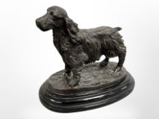A bronze figure of a spaniel after Mené, on stepped marble plinth,