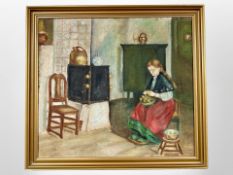 Danish school : A lady peeling fruit, oil on canvas, 47cm x 42cm.