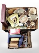 Two boxes containing Maling ceramics, glassware, silver-plated salver in box, vintage tins,