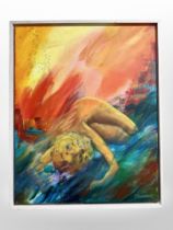 P Lundbrok : Abstract nude figure, oil on canvas, 40cm x 50cm.