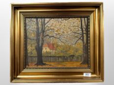 Danish school : A house with red roof through trees, oil on canvas, 32cm x 26cm.