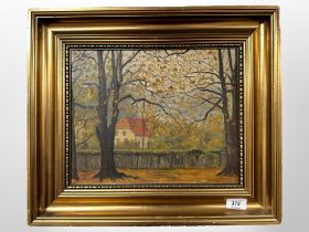 Danish school : A house with red roof through trees, oil on canvas, 32cm x 26cm.