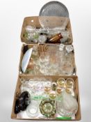 Four boxes containing assorted 20th-century glass wares, aluminium jam pan, ceramic bed pans, etc.