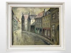 S Gunner : Buildings in a street, oil on canvas, 40cm x 32cm.