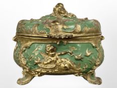 A Rococo-style gilt and green enamelled metal jewellery casket, width 15cm.