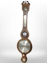 An inlaid mahogany banjo barometer with silvered dial.