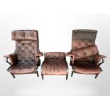 A late 20th century Danish stained bentwood framed pair of armchairs upholstered in brown stitched