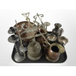 A group of metal wares including copper twin-handled bowl, a pair of wrought-metal candlesticks,