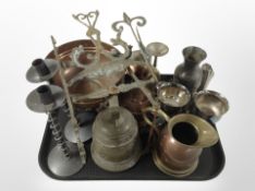 A group of metal wares including copper twin-handled bowl, a pair of wrought-metal candlesticks,