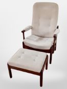 A late 20th century Danish stained beech framed armchair and matching footstool