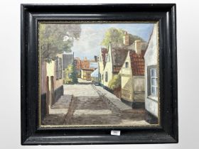 Danish school : A cobbled street by houses, oil on canvas, 49cm x 43cm.