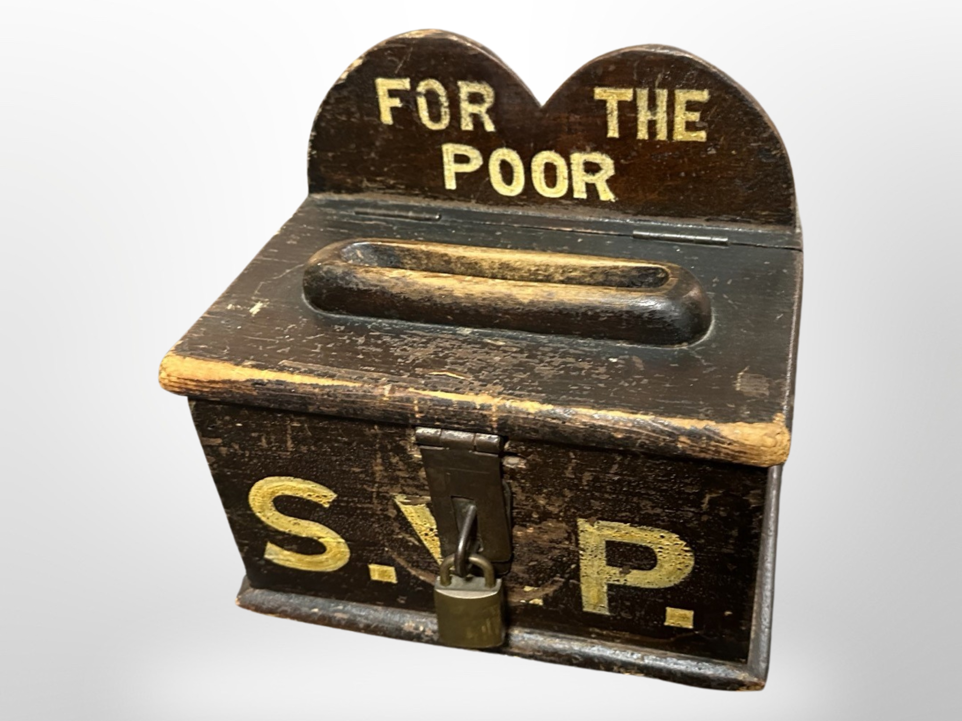 A 19th-century painted pine charity donation box, width 23cm.