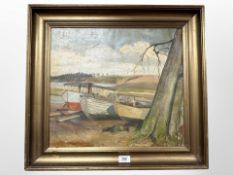 Danish school : Boats on a beach, oil on canvas, 45cm x 40cm.