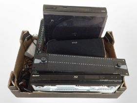A box containing Akai turntable, quad speaker, Sony DVD player, etc.