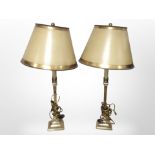 A pair of brass table lamps with shades, height 57cm (continental plug).