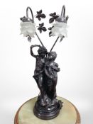 A resin and patinated figural table lamp with frosted glass shade, height 76cm.