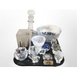 A group of 20th-century Danish glassware including paperweights, tealight holders, decanter,