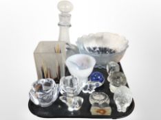 A group of 20th-century Danish glassware including paperweights, tealight holders, decanter,