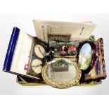 A box containing gilt-framed circular mirror, ornaments, Beatles LP compilation,