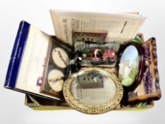 A box containing gilt-framed circular mirror, ornaments, Beatles LP compilation,
