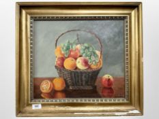 Danish school : Still life of basket of fruit, oil on canvas, 39cm x 33cm, dated 1930.