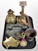 A 19th-century pewter desk stand, together with a cast-iron mortar, a 19th-century pastry knife,