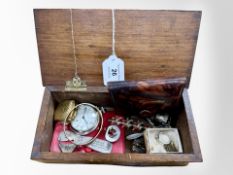 A jewellery box containing 9ct gold pendant on chain, costume jewellery, gold plated bangle,