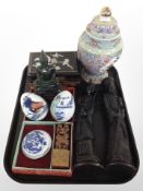 Oriental wares including a Chinese carved soapstone desk seal, pair of resin figures,