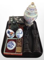 Oriental wares including a Chinese carved soapstone desk seal, pair of resin figures,
