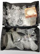 Two crates of 20th-century glass ware, including silver plate-mounted decanter, vases,