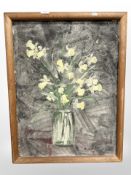 Danish school : Still life with daffodils, oil on pottery, 49cm x 65cm.