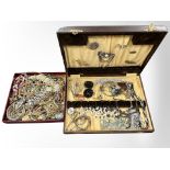 An oak canteen and a shallow tray containing assorted costume jewellery, gilt metal bangles,