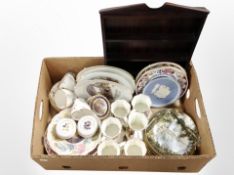A box of assorted ceramics, plates including jasperware, Crown Staffordshire collector's plates,