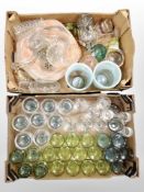 Two boxes containing 20th-century drinking glasses, vases and bowls.