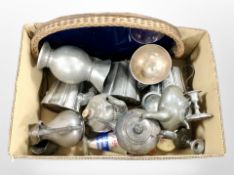 A box of 19th-century silver plate and pewter wares, a wicker twin-handled serving tray, etc.